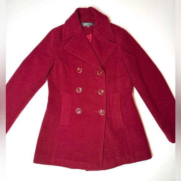 Kenneth Cole Women's Double-Breasted Wool Blend Dark Red Pea Coat Size- 2 - Picture 2 of 9